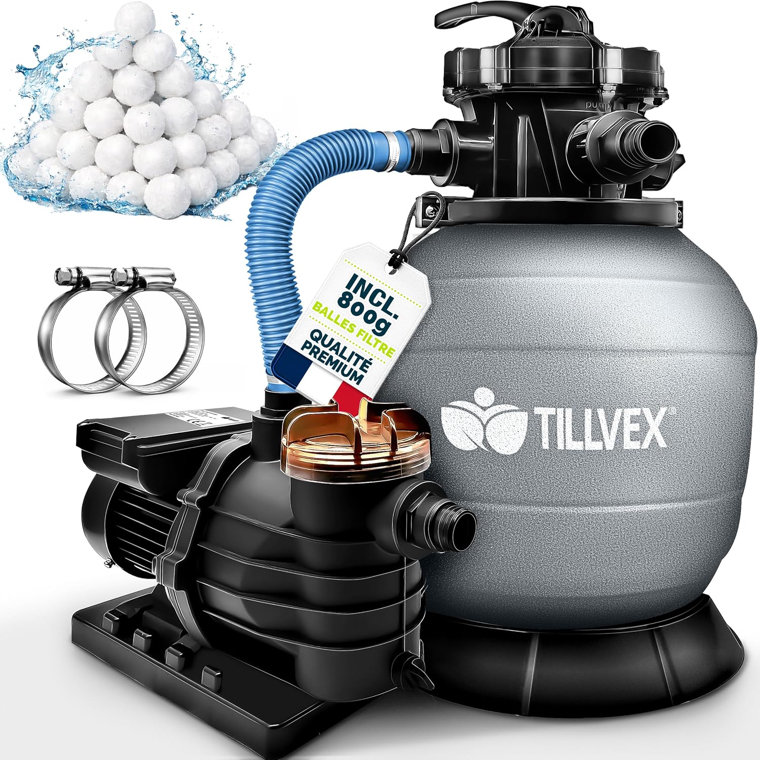 Système de Filtre à Sable 10 m3/h + 800g Boules de filtre, Filtre à sable pour les bassins aquatiques & piscines, 7 Fonctions de Filtration