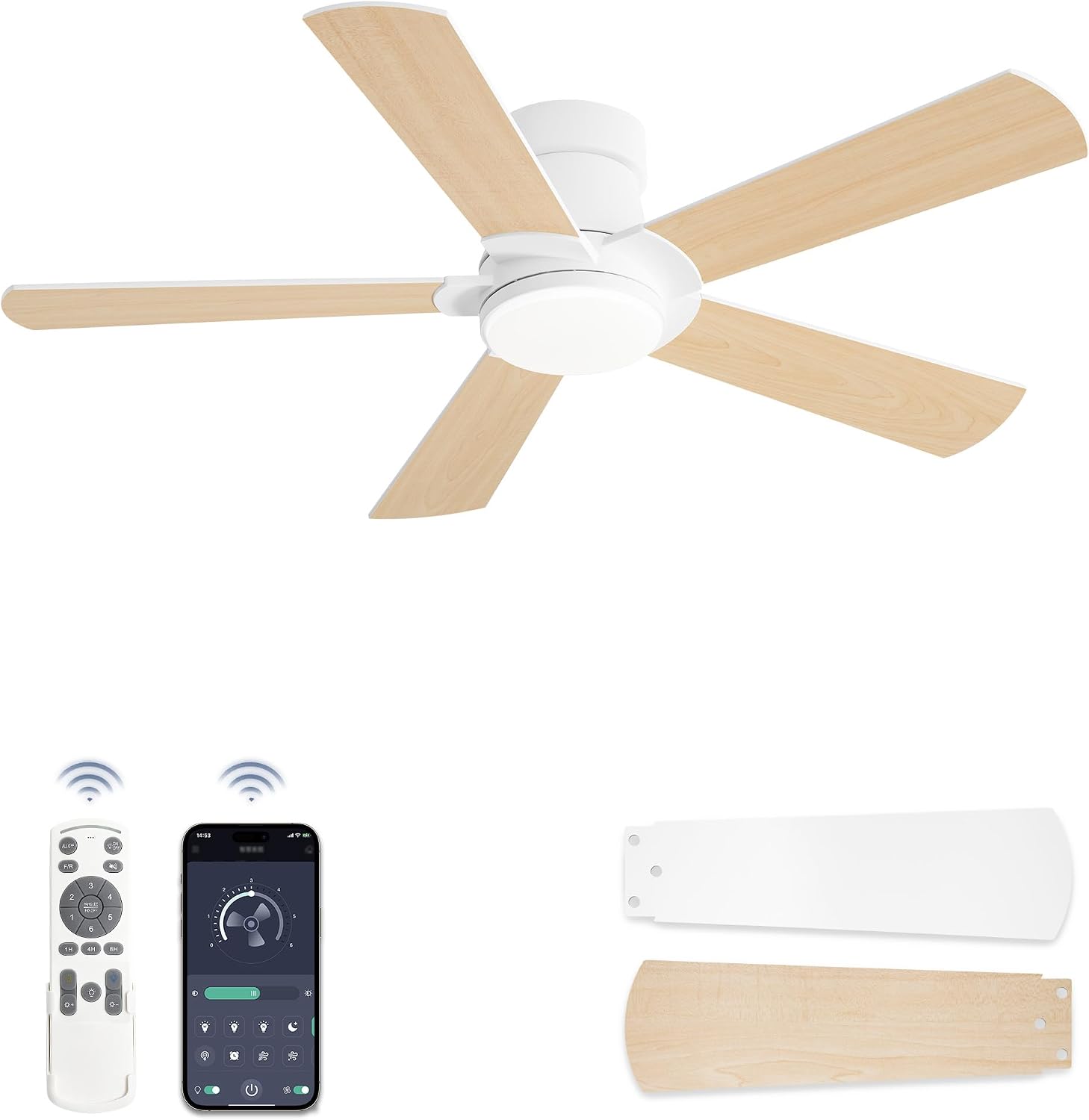 ZMISHIBO Ventilateur de Plafond avec Lumière LED Ø 107 cm, 6 Vitesses, Contrôle par APP et Télécommande, Blanc/Bois Clair, Variateur