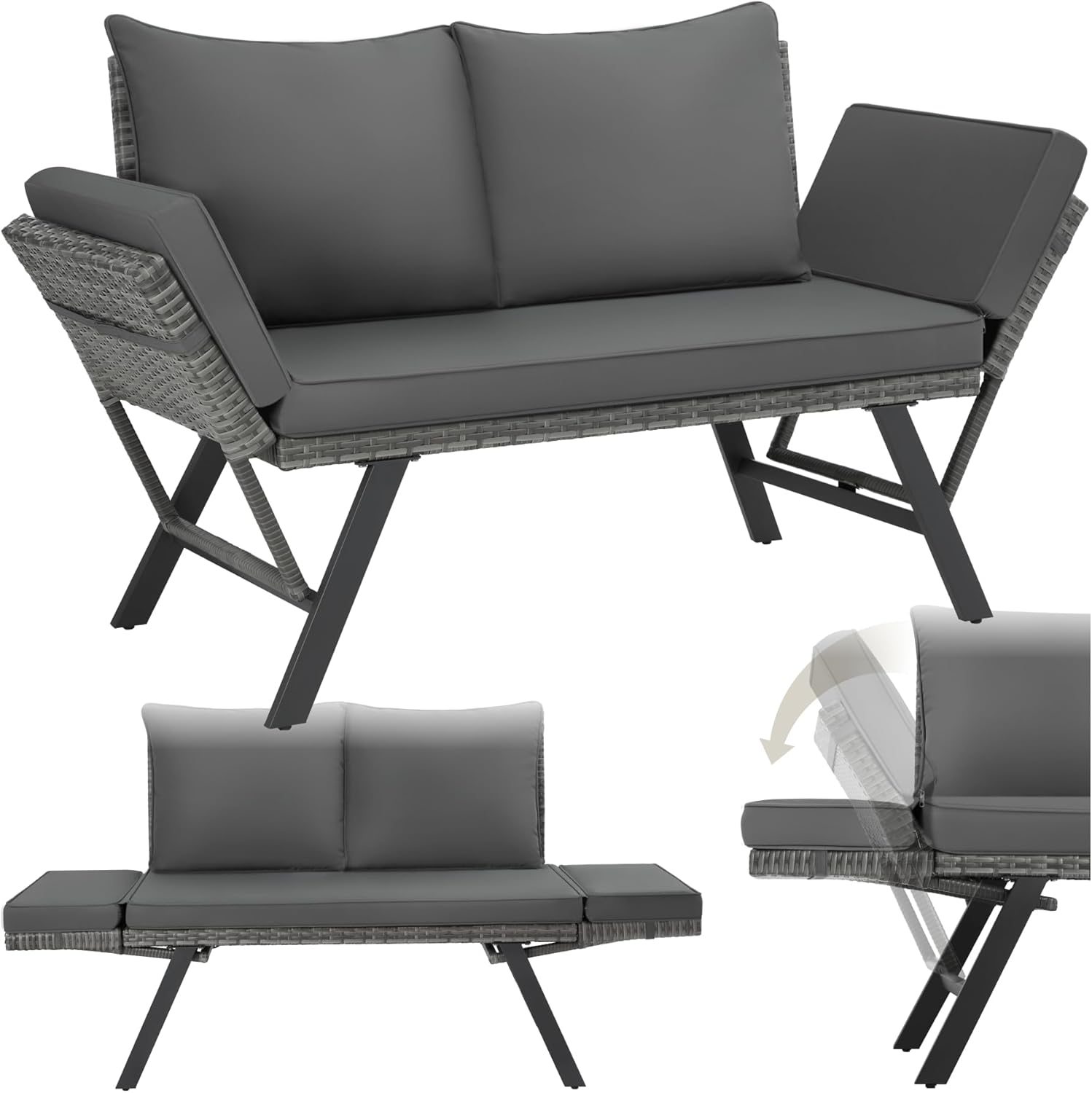 ® Salon de Jardin Exterieur 2en1 Canapé 2 Places Bain de Soleil en Résine tréssée, Banquette de Jardin Coussins Inclus, Gris/Noir – tectake