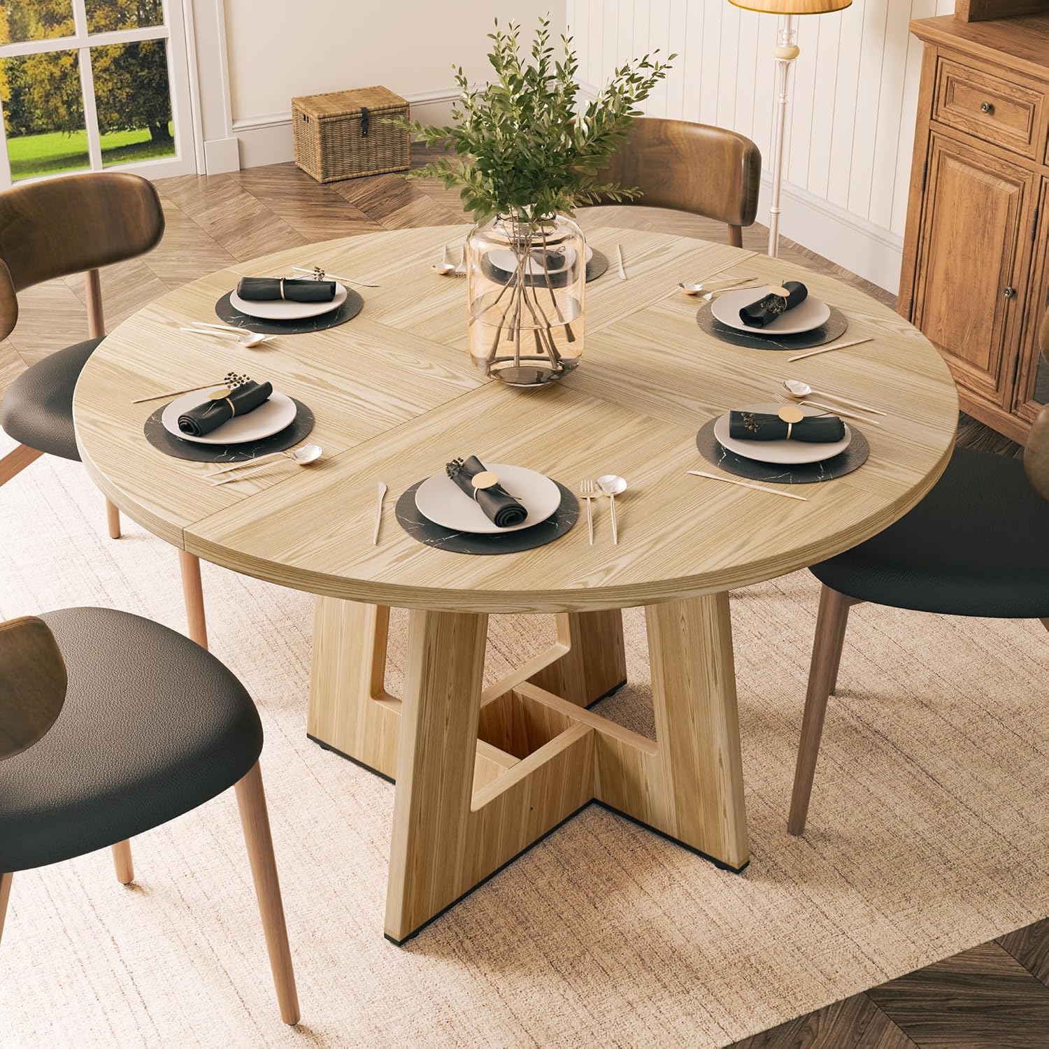 Table à Manger 120 cm, Table de Cuisine 4 à 6 Personnes, Table à Manger Bois – YOUDENOVA, Rétro Table Ronde, Naturel, Une Seule Table