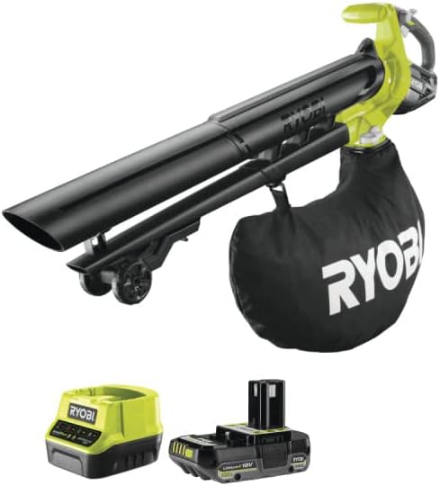RYOBI OBV18-18V, Pack RYOBI Souffleur Aspiro-Broyeur OBV18-18V One+ Brushless, 1 Batterie 2.0Ah, Noir/Vert, 1 Chargeur Rapide