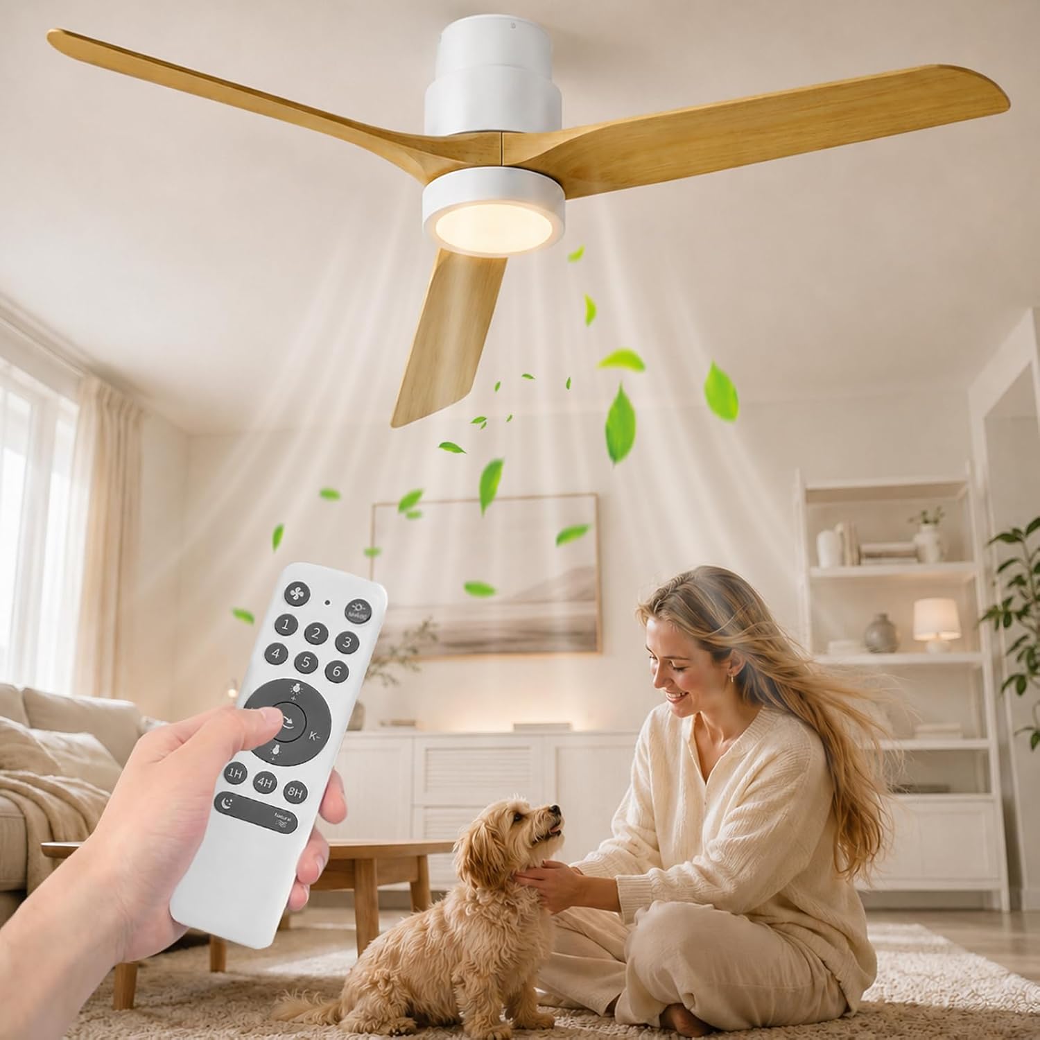 Ateroll Ventilateur Plafond Silencieux, 132 Cm, Ventilo Plafond Avec Lumière Et Télécommande, 3 Pales Bois, Blanc/Bois, 6 Vitesses