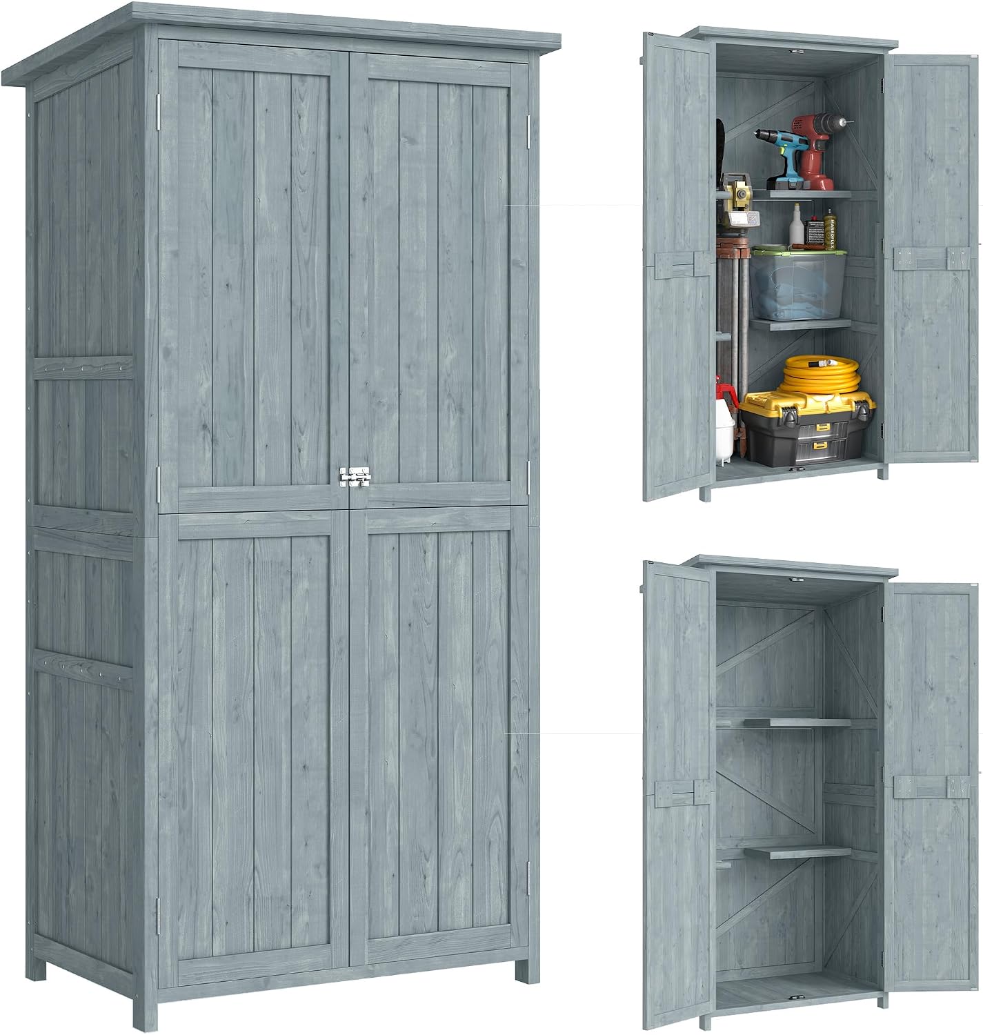 Armoire de Jardin en Bois de Sapin pour Balcon et Terrasse avec 2 Portes Verrouillables, 85 x 54 x 170 cm Gris – Outsunny, 2 Étagères