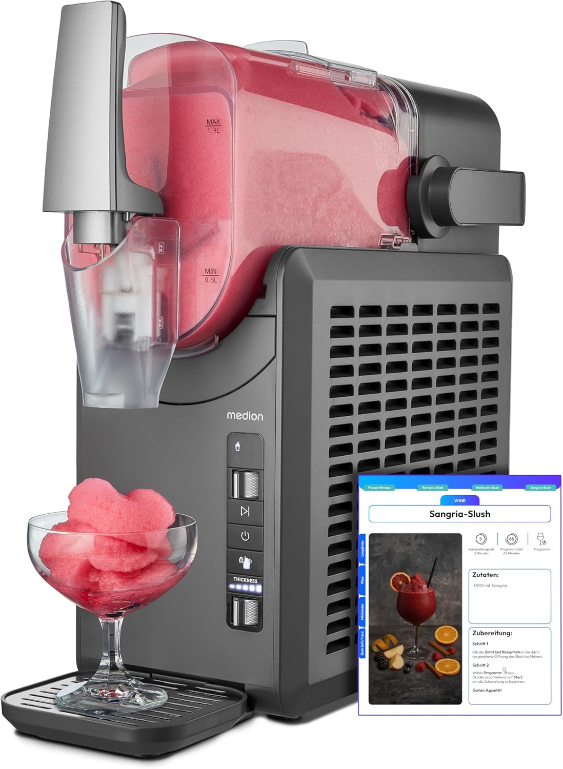 MEDION MD12090 Machine à granité (boissons glacées, 5 modes de boisson, slush machine pour boissons, Gris/Rose, capacité 2, 6L, MD12090)
