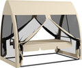 Balancelle de Jardin Convertible 3 Places, balancelle d'extérieur avec auvent et Coussins – Outsunny, Beige/Noir, Filet avec Fermetures éclair, Cour