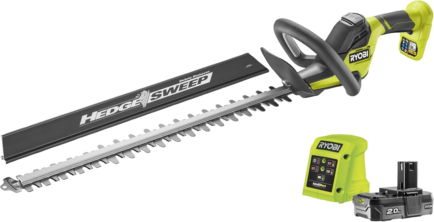 RYOBI RY18HT55A-120, Taille-Haies Linea 18V, 1 Batterie Lithium+ 18V 2, 0 Ah et 1 Chargeur 1, 5 A, Noir/Jaune/Argent, Lames 55 cm, RY18HT55A-120