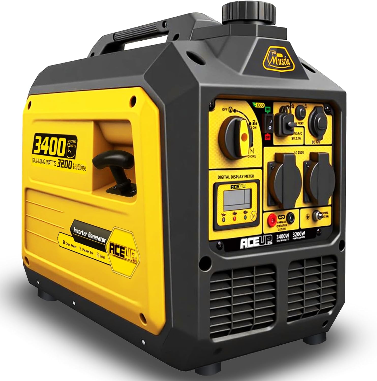 Aceup Energy, Générateur portable, 3400W Groupe Electrogene Inverter Générateur à Essence Silencieux avec prises 230V 12V 5V, Jaune/Noir