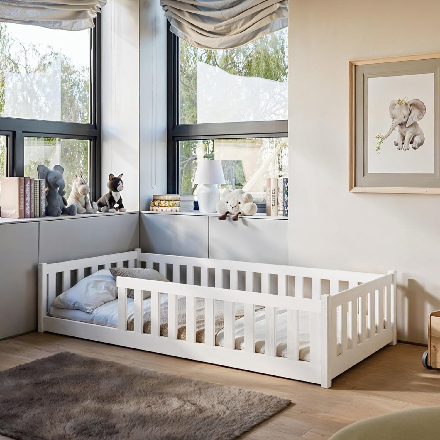 Lit, 90 x 190 cm, Montessori en bois de pin massif, avec protection anti-chute et sommier à lattes, pour enfant et adolescent, Blanc