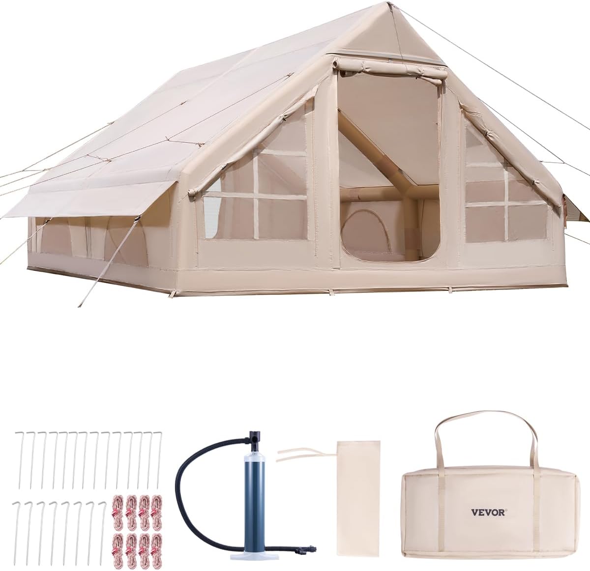 VEVOR 300D, Tente, Tente de Camping Gonflable Tente de Glamping 3 à 12 Personnes Oxford 300D Facile à Installer, Beige