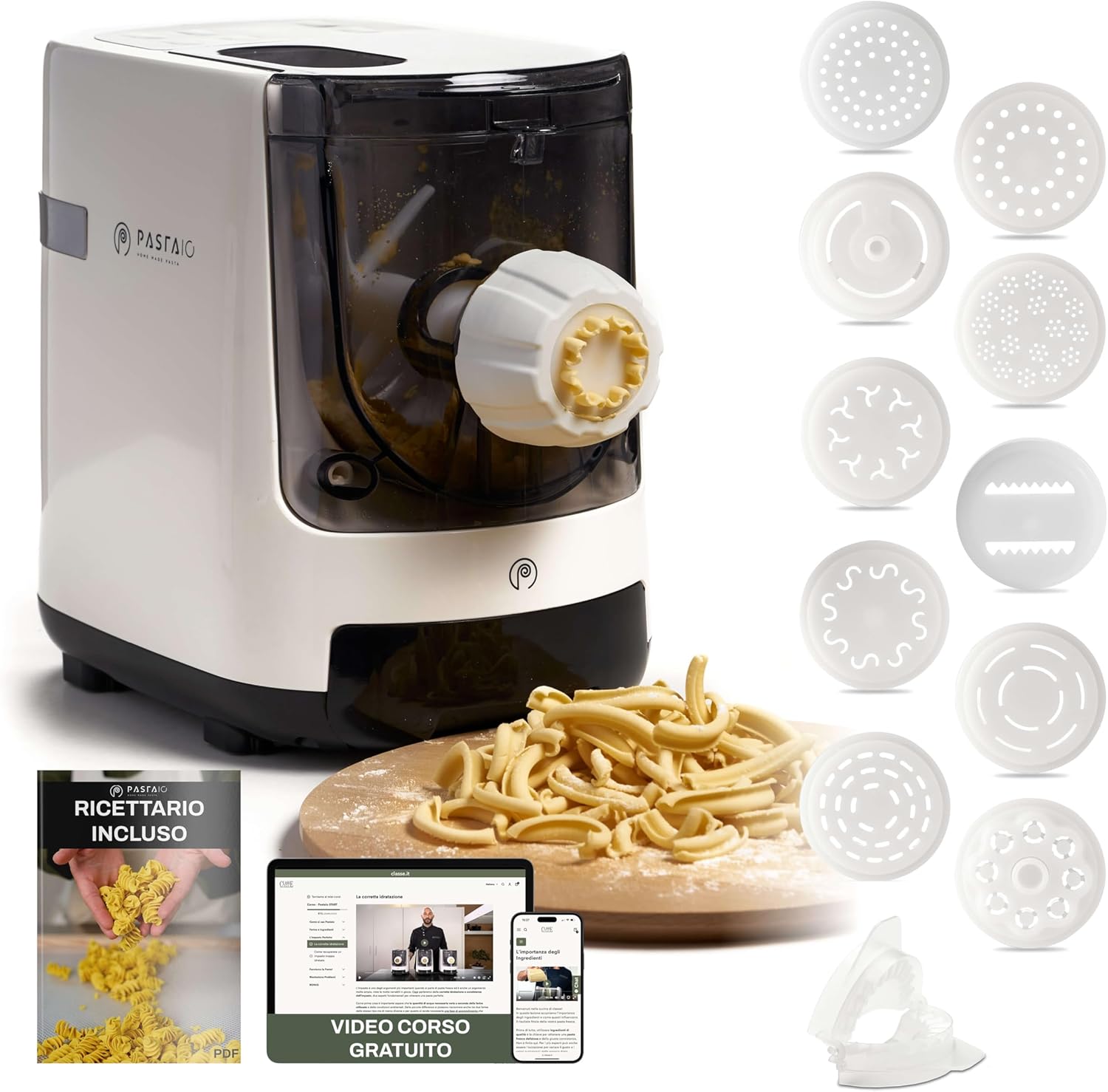 CLASSE ITALY PASTAIO Machine à pâtes avec 11 Matrices. Pasta Maker, jusqu'à 800g de pâtes, Blanc/Noir, balance intégrée