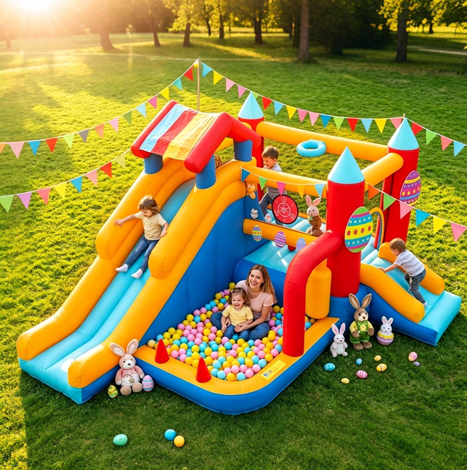 Chateau Gonflable Exterieur, Trampoline pour Enfant, FOOING Maison Gonflable 9 en 1 avec Soufflerie Air – FOOING, Rouge/Bleu/Jaune, Toboggan