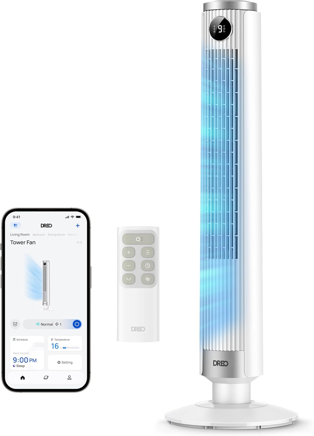 DREO 554S Ventilateur colonne intelligent 554S, ventilateur sur pied réglable 102–114 cm, Blanc, silencieux 20 dB, 9 vitesses