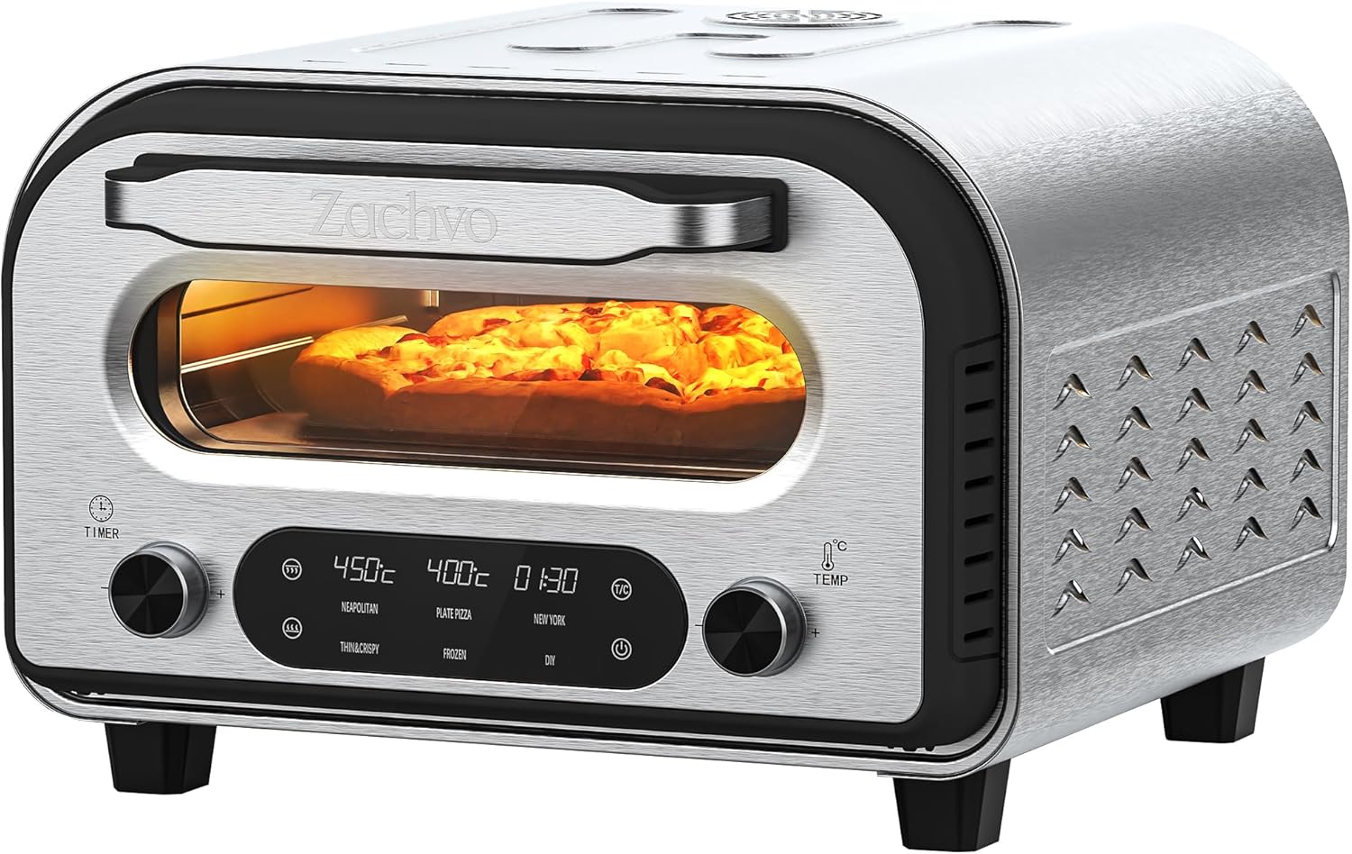 Four à pizza, pour pizza de 32 cm, avec pierre à pizza – ZACHVO, Argent, Jusqu'à 450°C, 5 pizzas préprogrammées, écran tactile