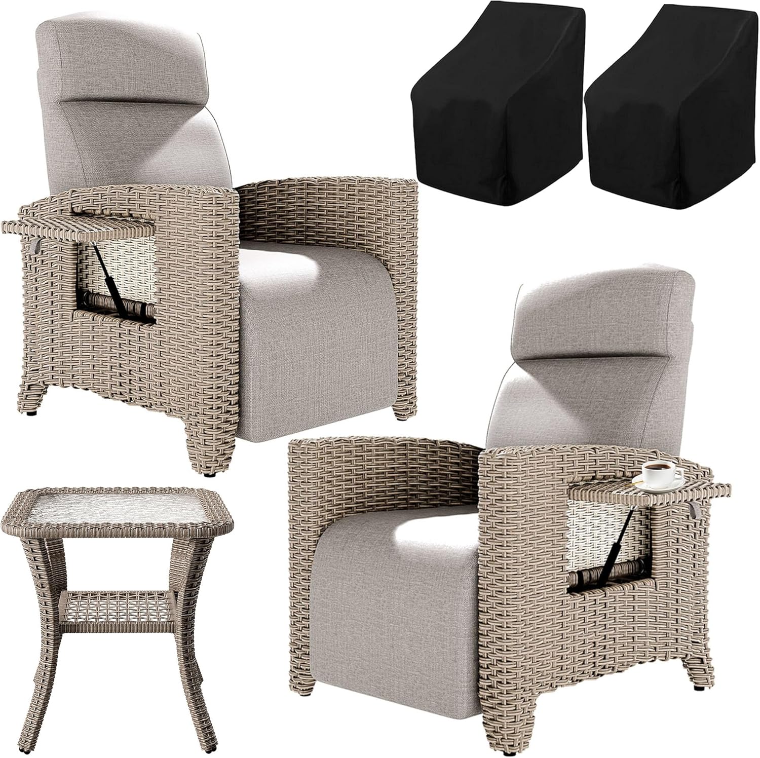Fiutazge, Set de 3X Chaise Longue Bain de Soleil en Rotin avec Dossier Réglable, Fauteuil Relax Jardin ave Table de Balcon pour Terrasse Veranda