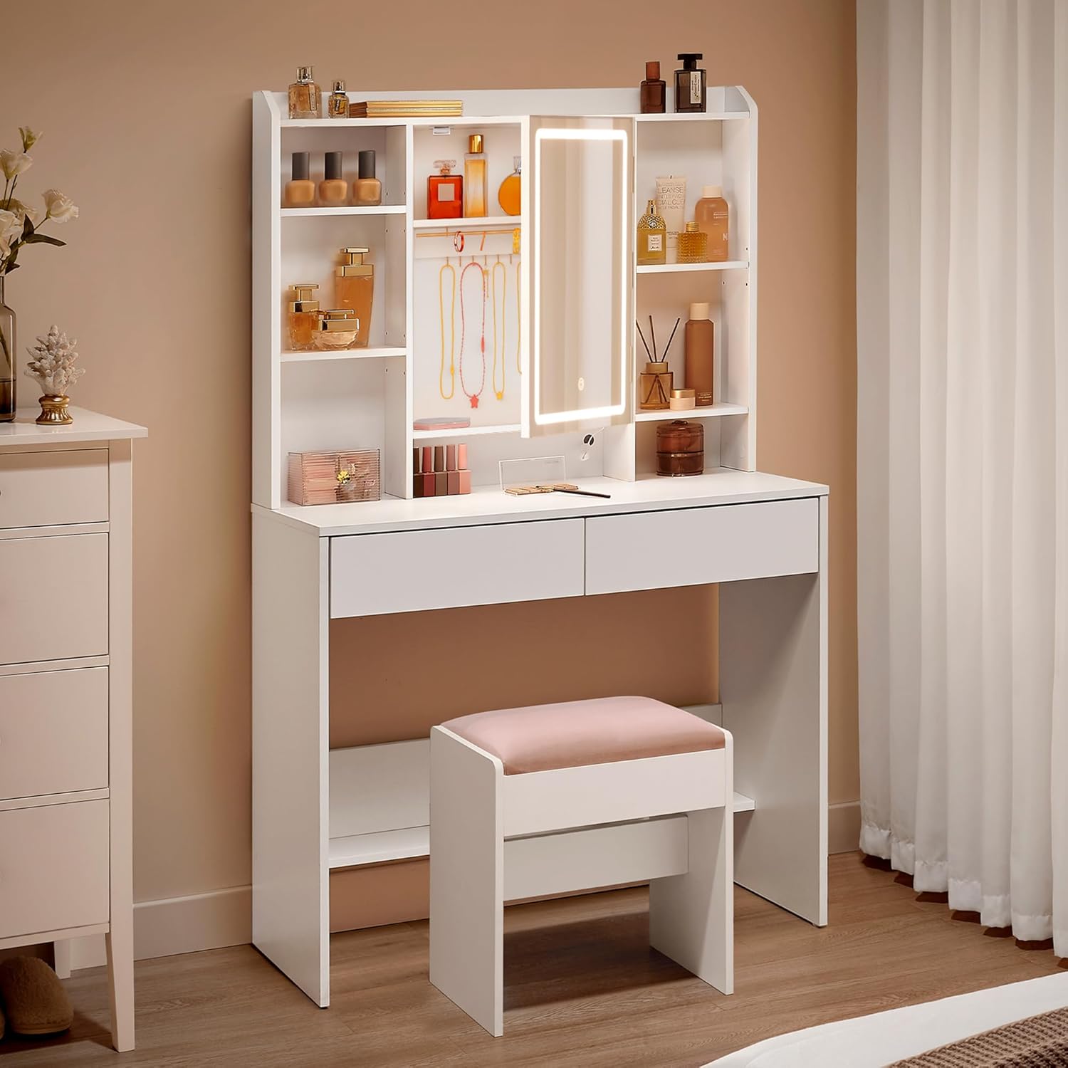 Coiffeuse avec Miroir LED et Tabouret, Blanc RDT723W01, Luminosité Réglable, Blanc/Rose – VASAGLE, 3 Couleurs, 2 Tiroirs, Grand