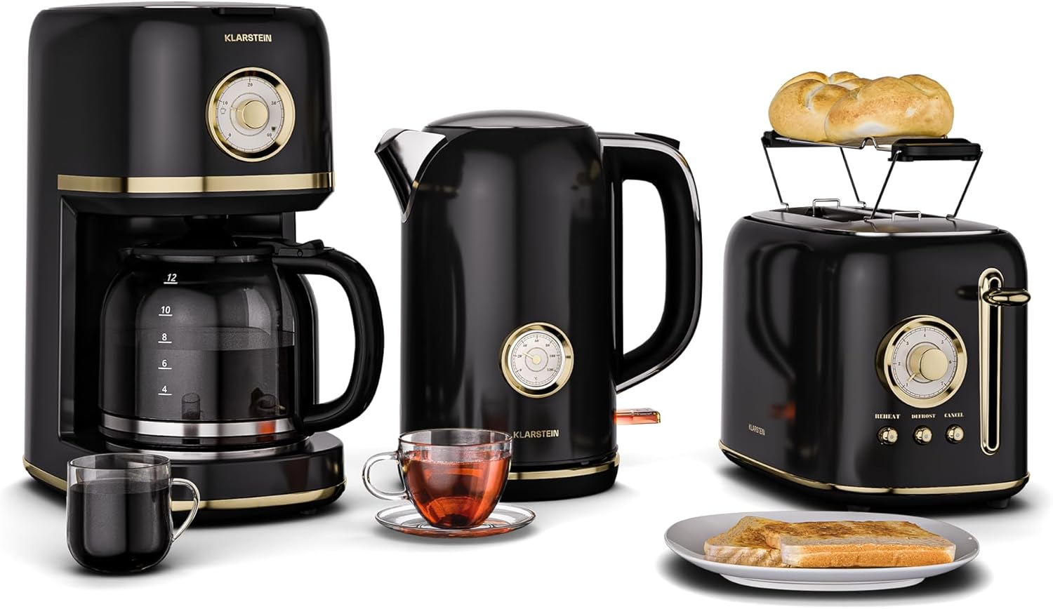 Grille-Pain 2 Fentes 7 Niveaux, Bouilloire Électrique 1, 7L – KLARSTEIN, Cafetière Filtre 12 Tasses, Noir, Victoria Set Petit-Déjeuner Complet