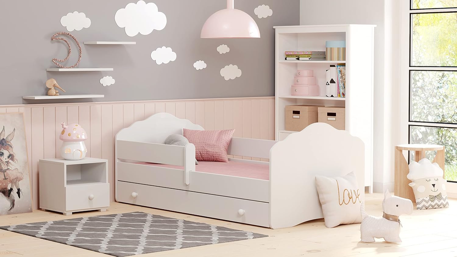 Lit, 160x80 cm, avec Rangement é Tiroir, Lit Garcon Petite Fille Lits pour Enfants, Blanc/Rose/Gris – KOBI, avec Un Matelas et Un Cadre