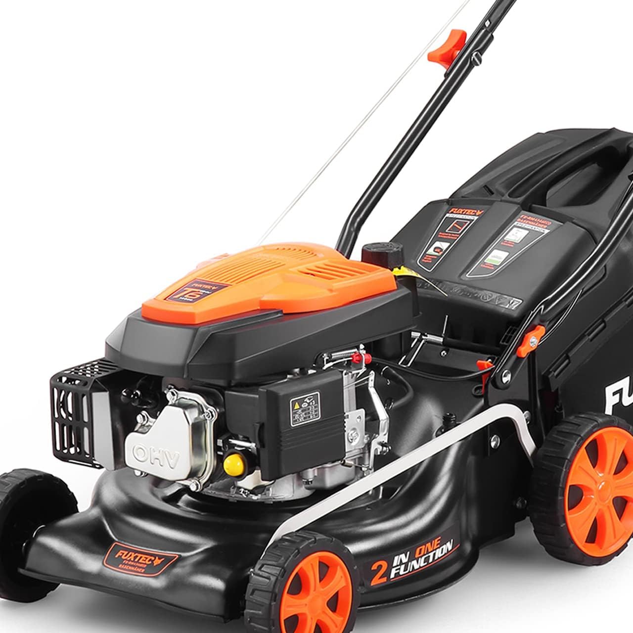 Fuxtec FX-RM4346ECO Tondeuse à Gazon à Essence FUXTEC FX-RM4346ECO, 2en1 Easy Clean Largeur de Coupe 42cm, Noir/Orange, bac de ramassage 40L