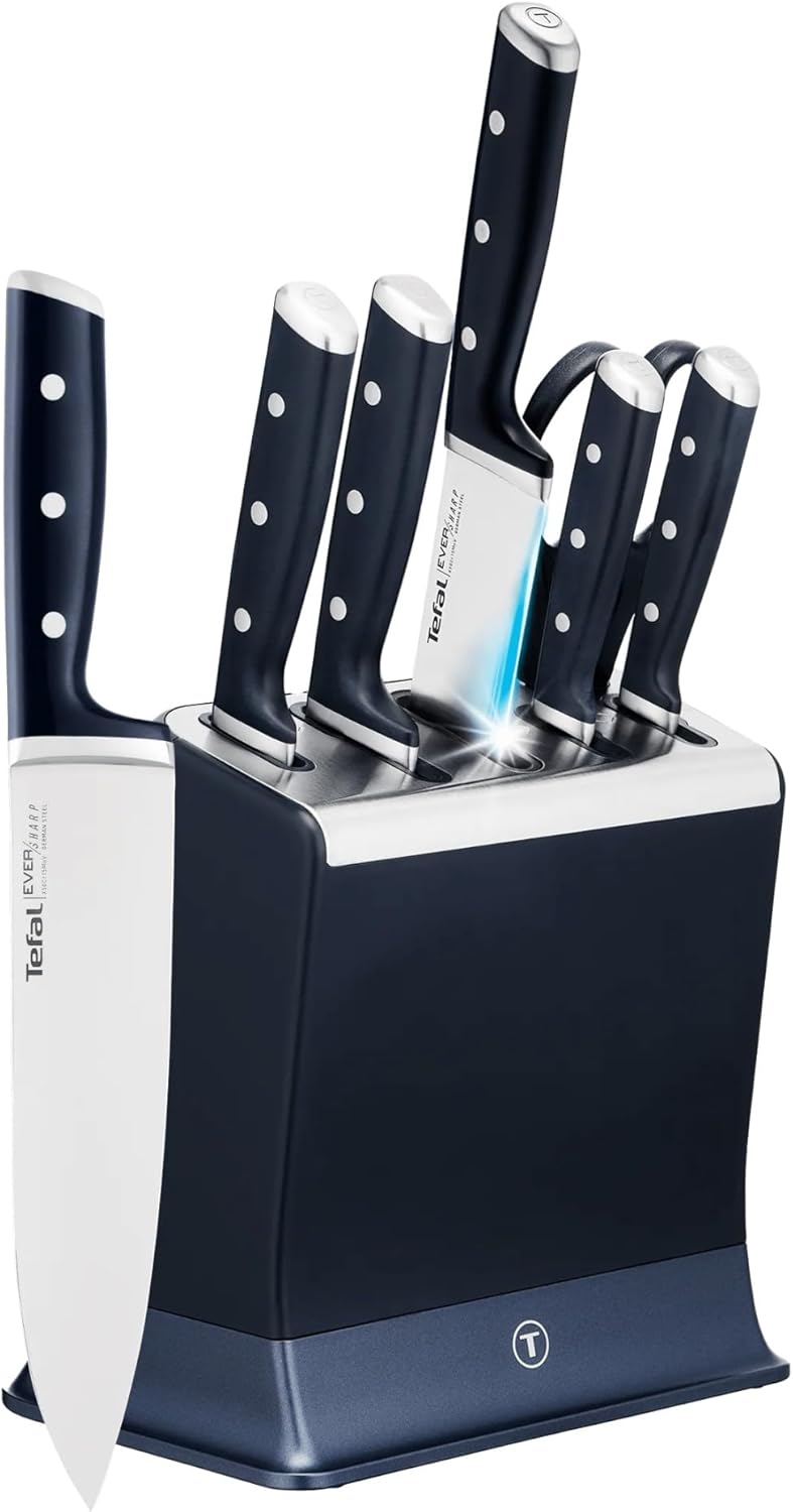 Tefal K297S744, Set de couteaux 6pièces, Bloc de couteaux avec affuteurs intégrés, 5couteaux, Noir/Argent, K297S744, EverSharp, Ciseaux