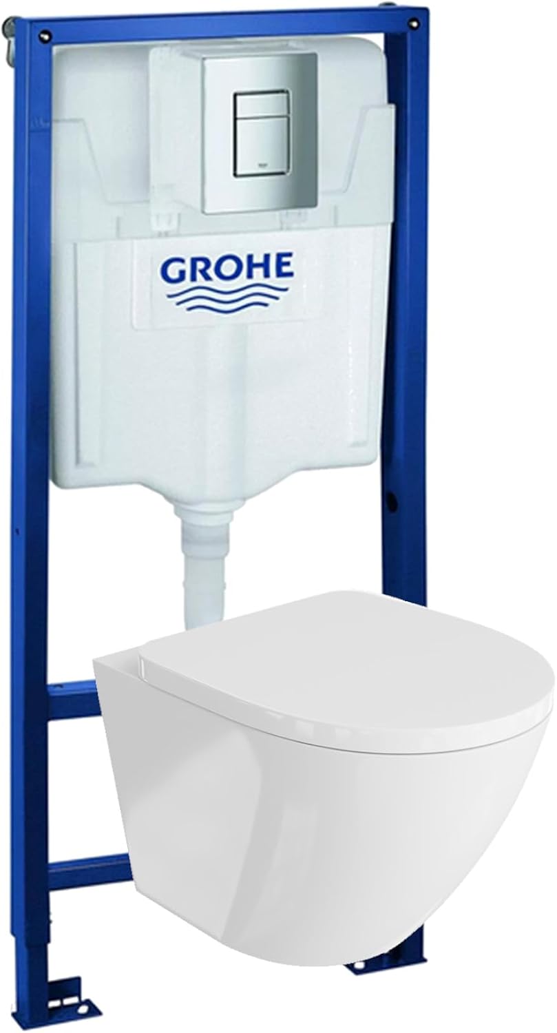 GROHE, Réservoir WC, Rapid SL Élément mural de WC avec plaque de déclenchement + WC mural Lavita sans système de, Blanc/Bleu