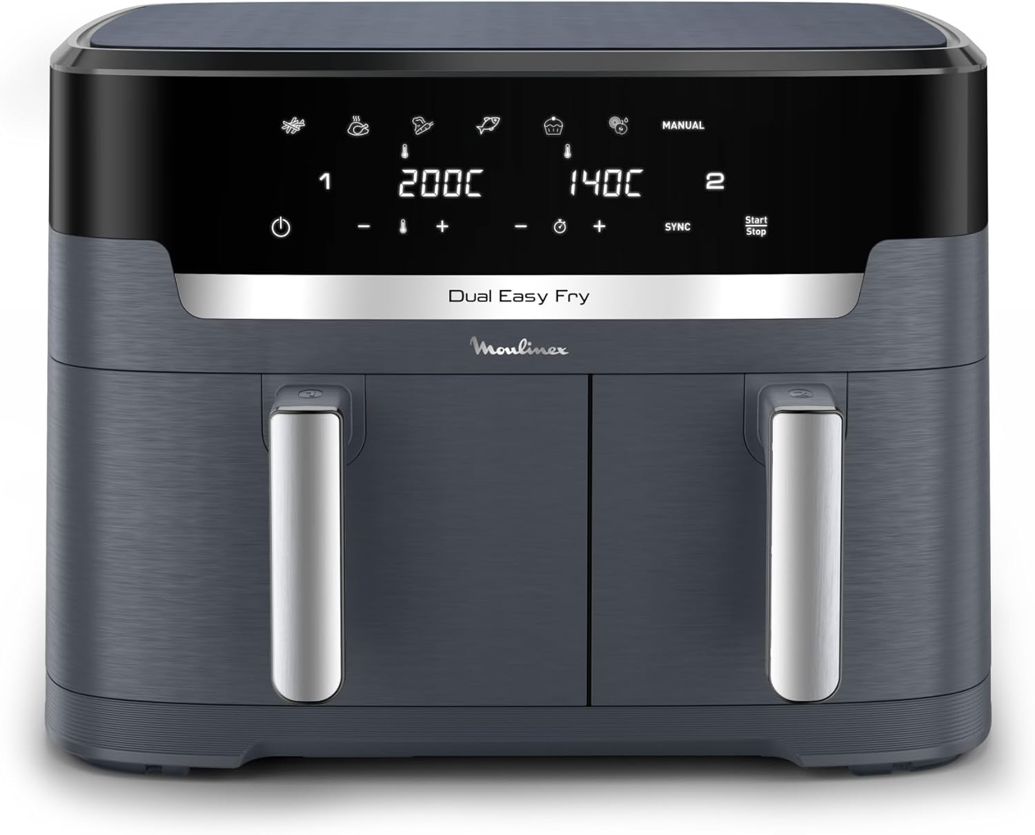 Friteuse sans huile, air fryer 2 tiroirs – Moulinex, jusqu'à 10personnes, 7programmes prédéfinis, EZ942BF0, Gris Foncé