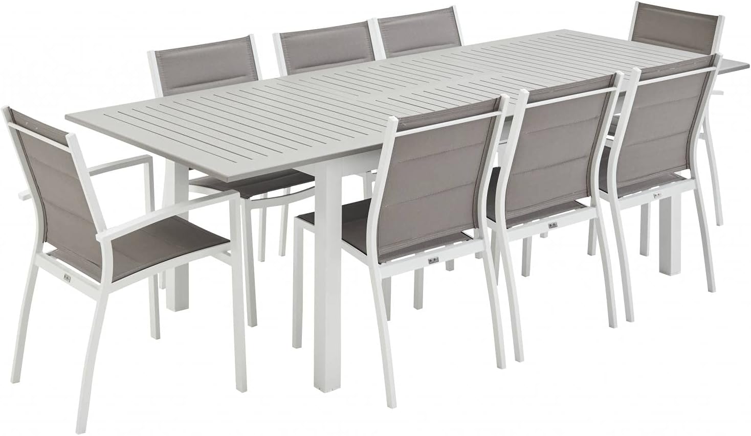 Table de Jardin Extensible Aluminium + 8 assises, Table Extensible 175/245cm avec rallonge et 8 assises en textilène