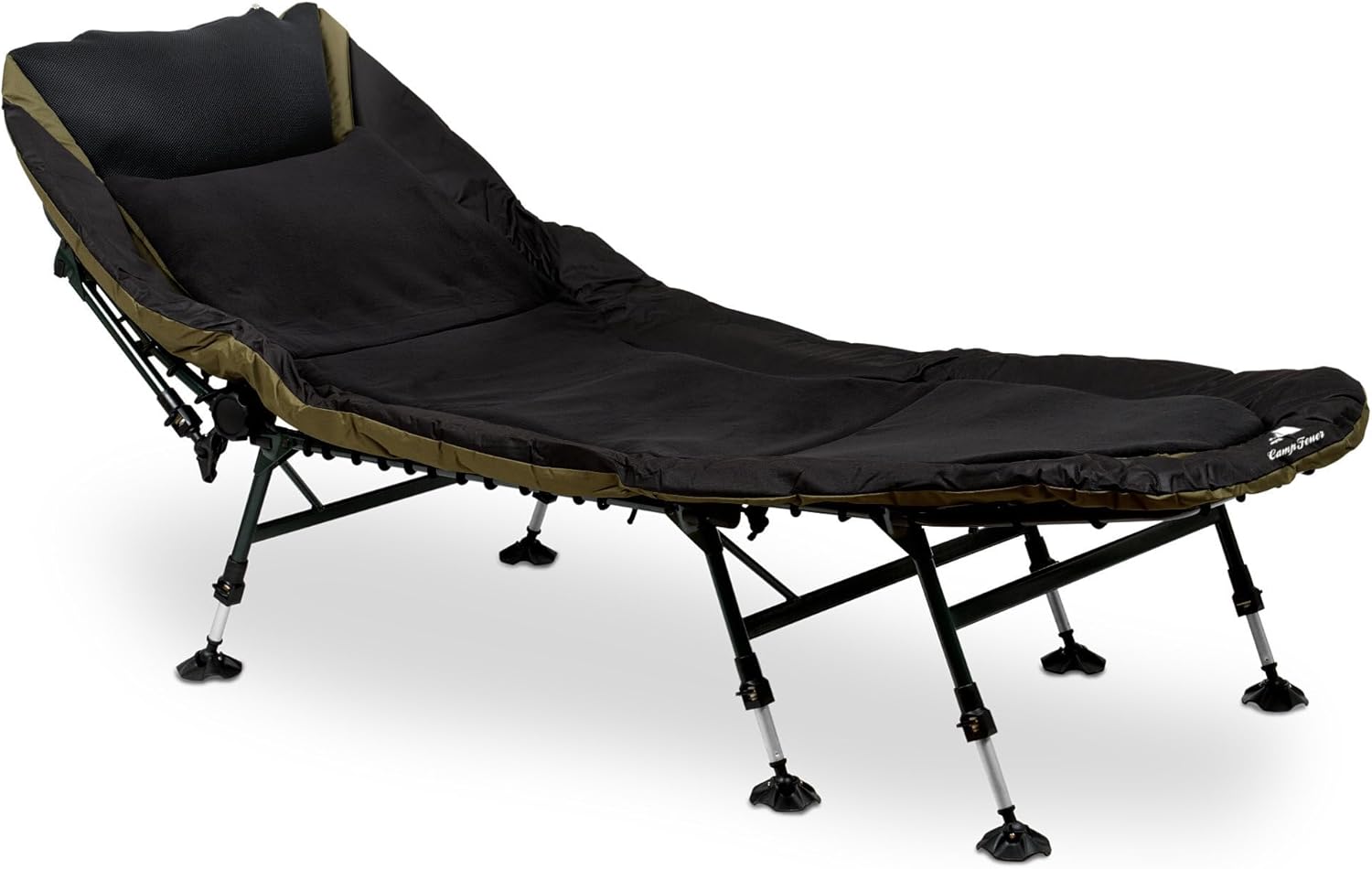 Chaise Longue pour pêche à la Carpe XXL 210 x 85 x 45-60 cm, Chaise de pêche Longue avec 8 Pieds à Hauteur réglable, Noir/Vert – CampFeuer