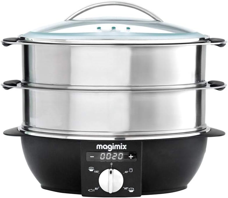 Magimix, 11579 Cuiseur Vapeur avec 2 paniers Rotatif, Acier Inoxydable 12, 2 l, Chromé/Noir, 1, 2 l 1900 W, chromé, Verre