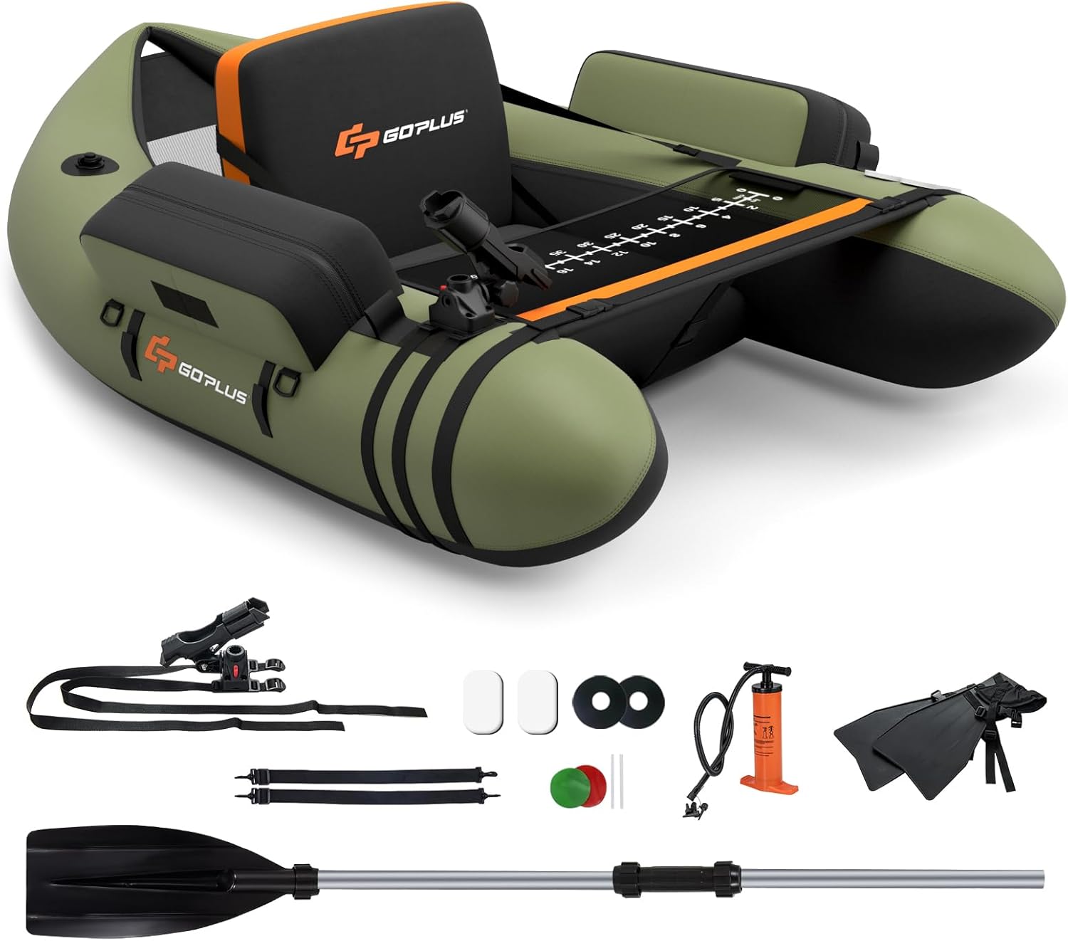 Bateaux pneumatique, Capacité 150KG, Float Tube Tissu Polyester avec Support de Canne Peches – GOPLUS, Vert/Noir/Orange, Dossier