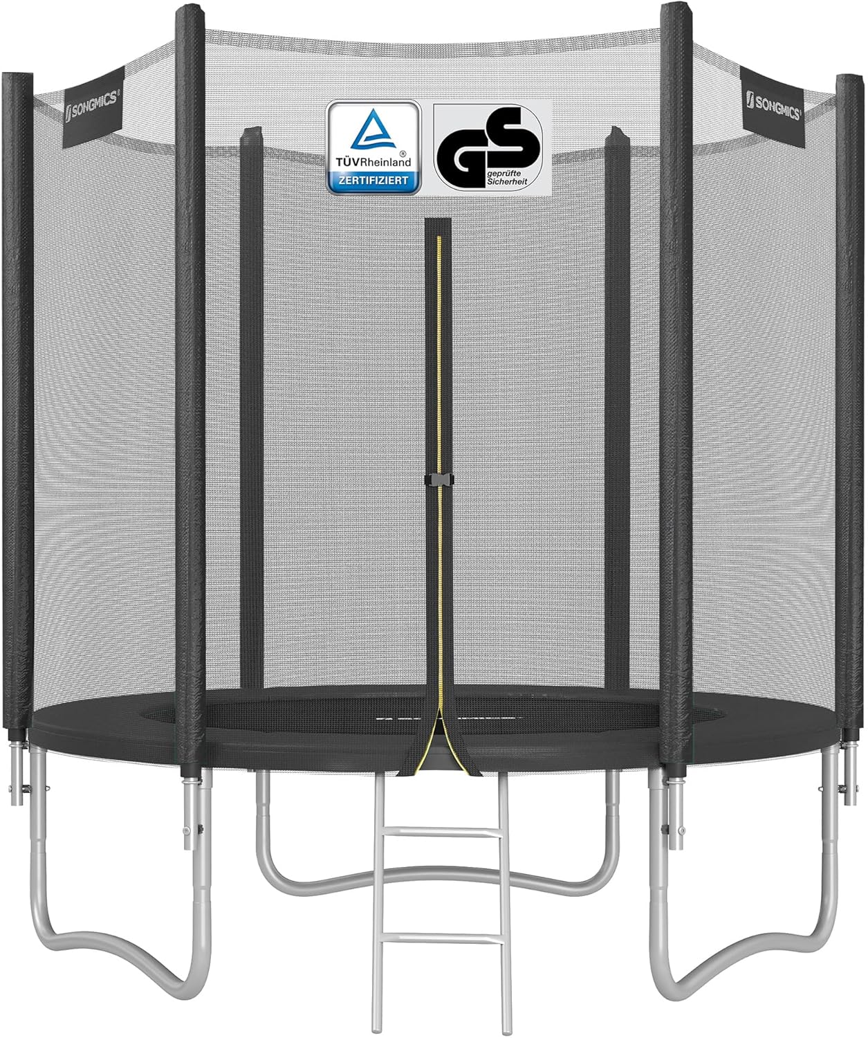 Trampoline de loisirs, Poteau Droit de 180 cm de Haut, Cadre en Acier – SONGMICS, Noir/Gris, Filet de Protection Externe, Échelle
