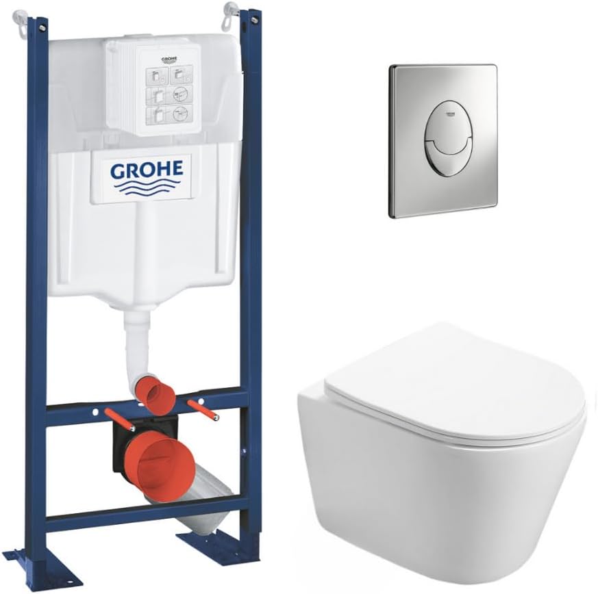 Cuvette WC, WC SAT Infinitio sans bride – Swiss Aqua Technologies, Blanc/Bleu/Chrome, WC Suspendu Pack Complet Accessoires