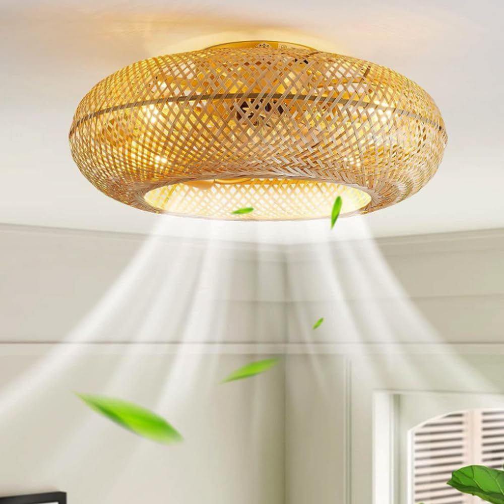 GMWSM, Ventilateur de plafond, Ventilateur De Plafond Rétro En Bambou Avec Éclairage Plafond Télécommande Silencieux, Doré