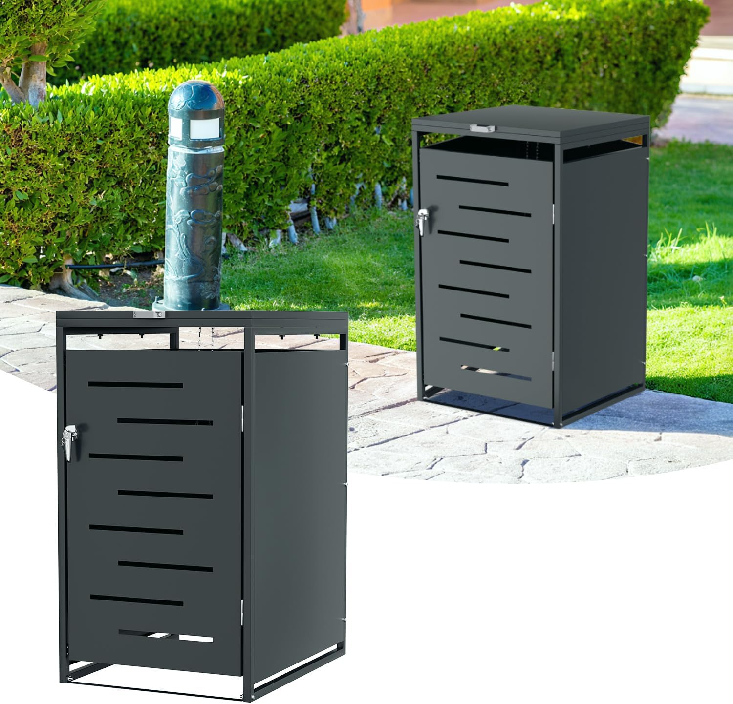 Cache-poubelle pour 1 poubelle de 120 l et 240 l, avec serrure et amortisseur à gaz, revêtement en acier galvanisé – Ollewiellan, couleur anthracite
