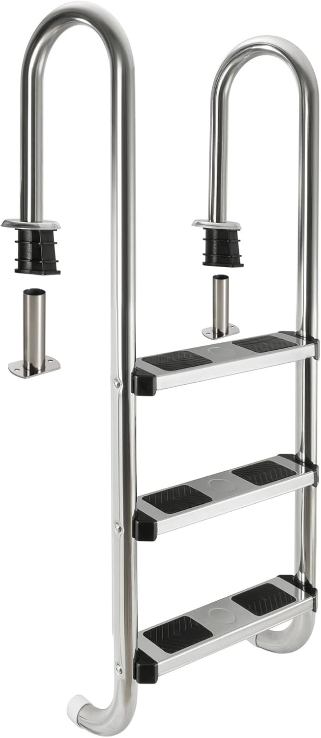 Échelle de Piscine INOX 3 ou 4 marches, Dimensions 132 x 45 x 23 cm – AREBOS, Argent/Noir, Patins antidérapants, Échelle d'accès encastrée, Argent