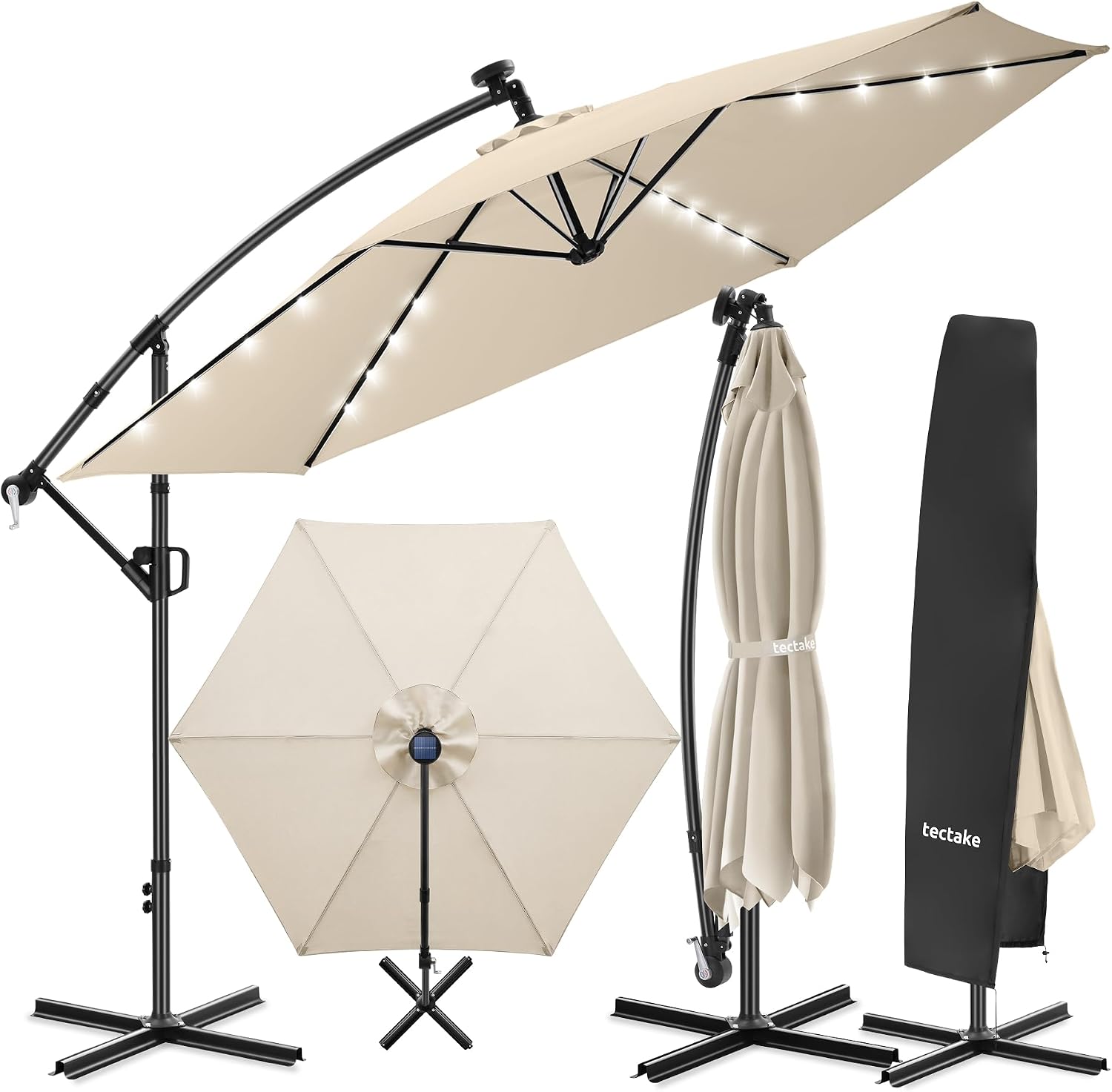 ® Parasol déporté, Parasol de jardin exterieur, 3, 5 x 3, 5 m avec Eclairage LED – tectake, Beige/Noir, Pivotant à 360°, Inclinable 90° à 135°, UV 50+