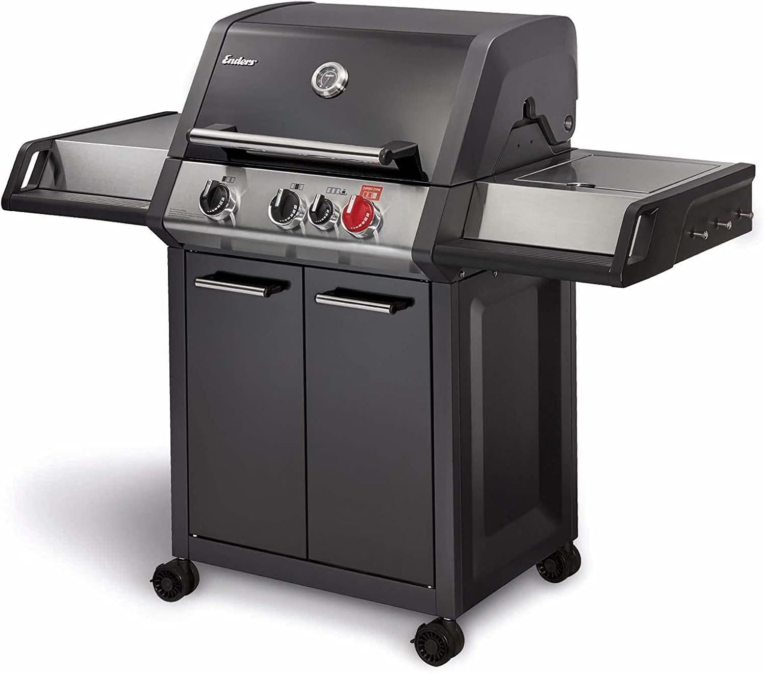 Barbecue Monroe Black Pro 3 K Turbo, 3 brûleurs dont 1 Turbo Zone – Enders, Noir/Gris, 1 brûleur latéral, Jusqu'à 14 convives, 14, 1 kW, Simple Clean