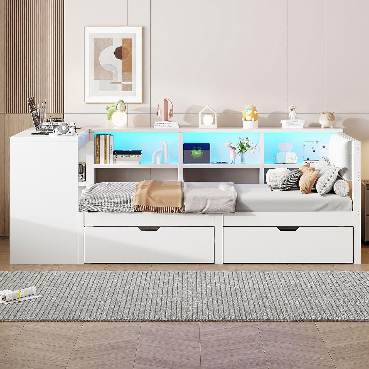 Cadre de lit, Canapé Lit avec 2 Tiroirs et éclairage LED, pour Enfant Adolescent Adulte, Blanc/Gris/Beige – PUGSDRLY, 90x200