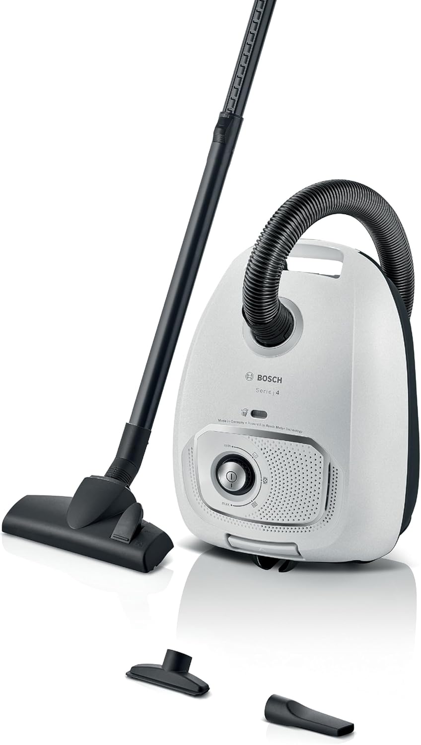 Bosch BGB41WH1 aspirateur avec Sac, Série 4, suceur pour Tissus d'ameublement, Blanc/Noir, Rayon d'action de 11 m, BGB41WH1, Blanc