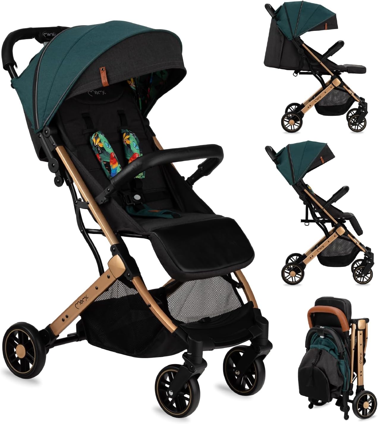 Momi, ESTELLE Poussette compacte légère et pliable dès 6 mois jusqu'à 15 kg, repose-pieds réglable, harnais 5 points, Vert/Noir, grand panier