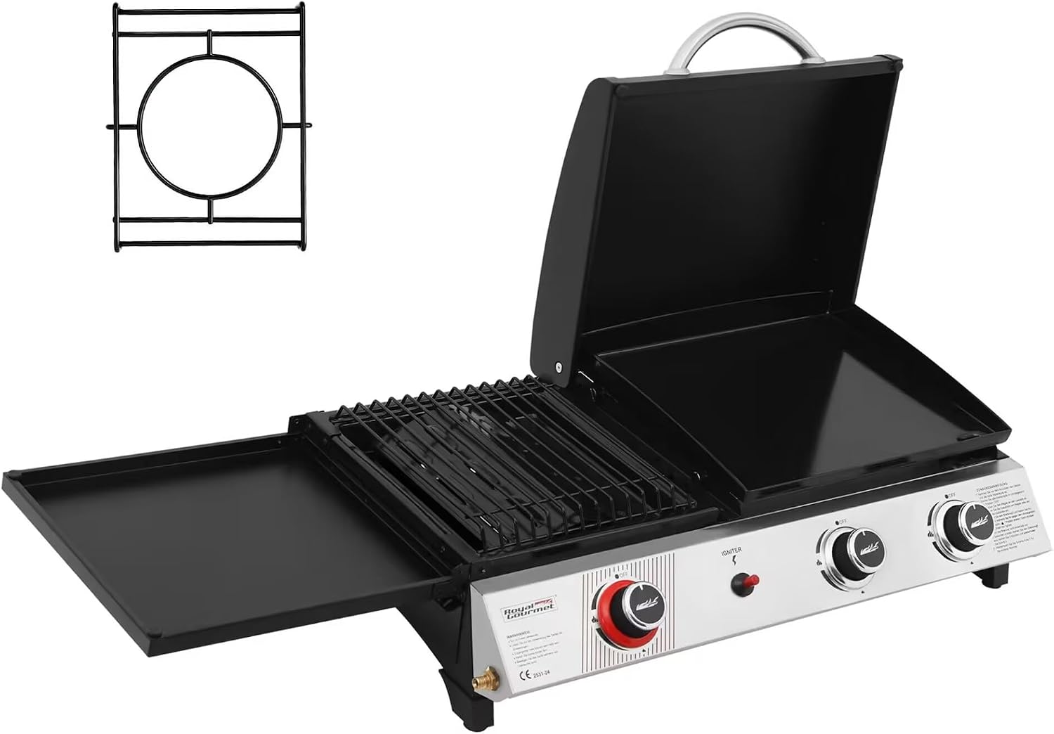 Royal Gourmet, 3 Brûleurs Barbecue Gaz Portable, 3 en 1 Plancha et Grille en Émaillés Combinés avec Couvercle Multifonctionnel, Noir